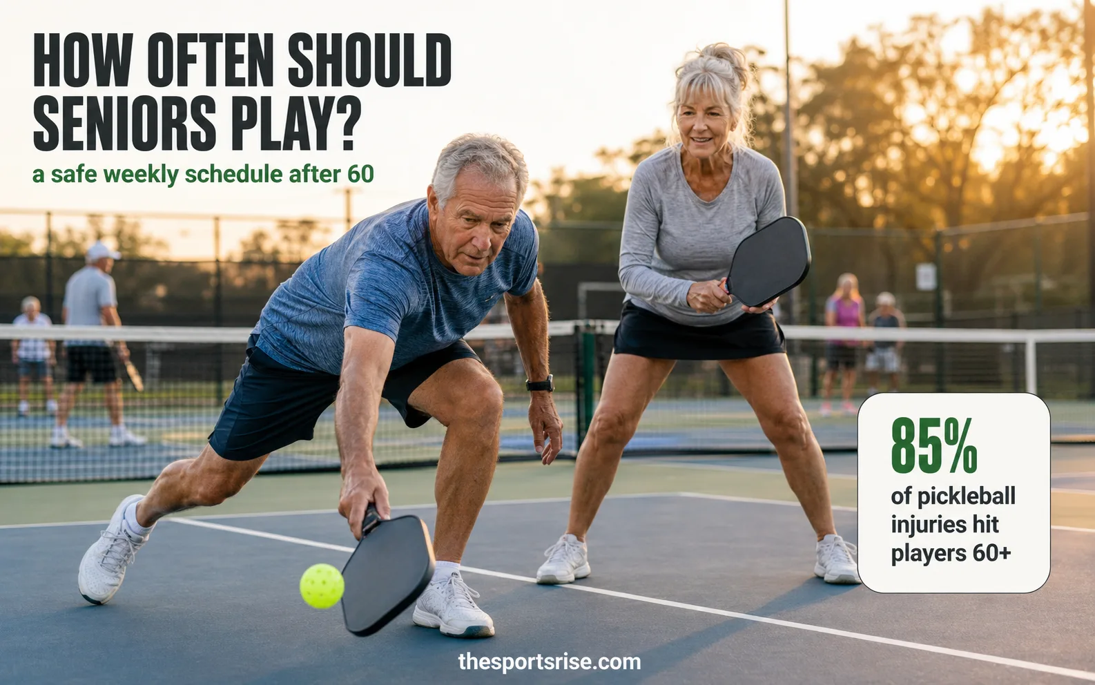 A group of senior pickleball players in their sixties warm up with paddles on a court before a friendly doubles game.