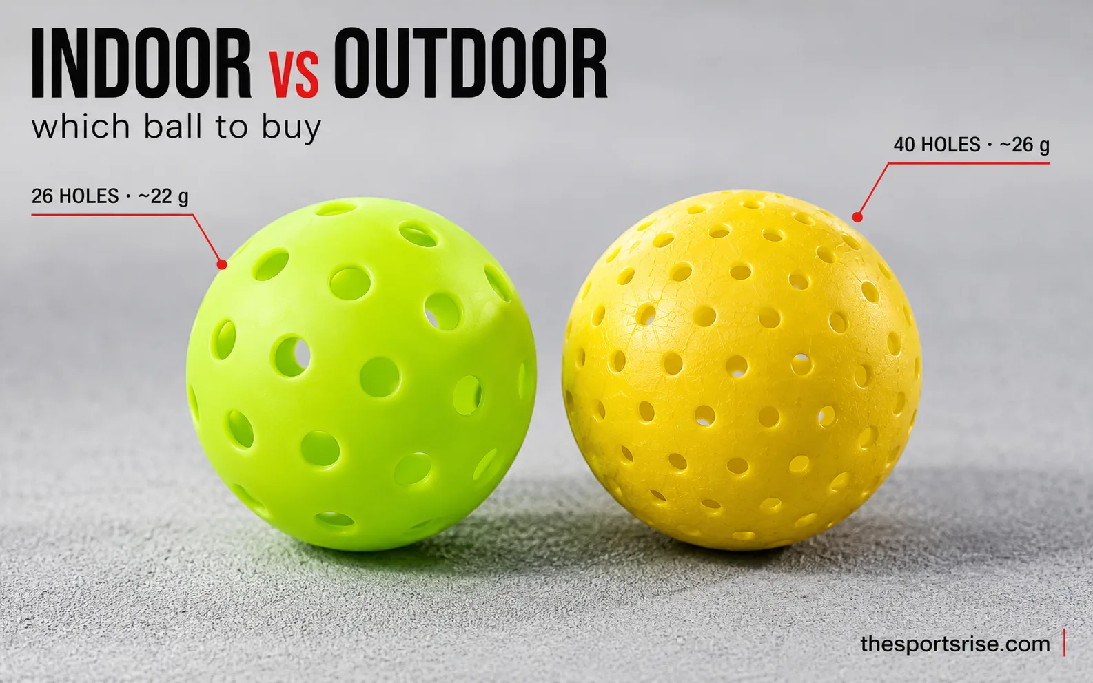 Indoor 26-hole pickleball and outdoor 40-hole pickleball side by side on a court, showing hole-count and color differences.