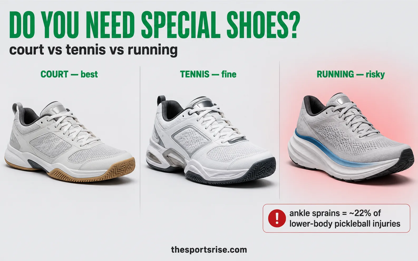 A pickleball player lunges sideways for a low forehand, showing the lateral foot strain that decides which shoes you need.