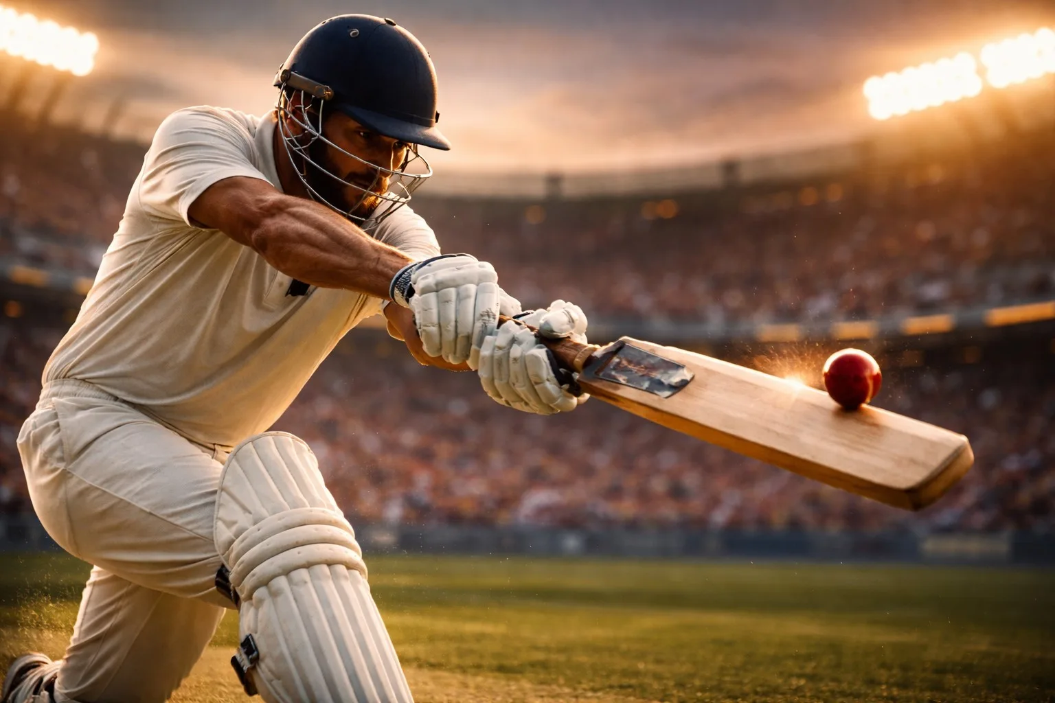Cricket T20 batter in white helmet and pads driving a red ball under stadium floodlights at sunset