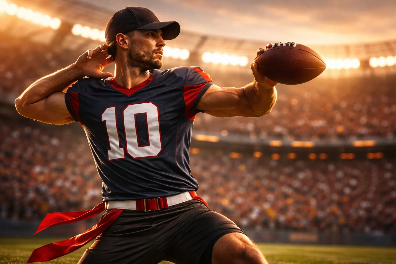 Flag football player in navy #10 jersey with red flag belt and baseball cap throwing a pass at sunset Olympic stadium