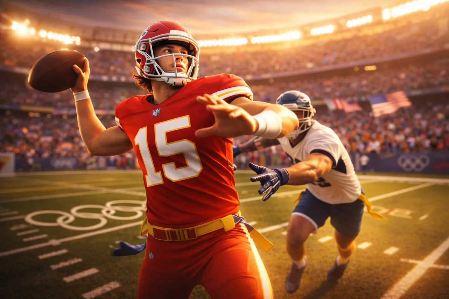 Olympic flag football quarterback in red #15 jersey launching a pass with Olympic rings visible on the LA 2028 field