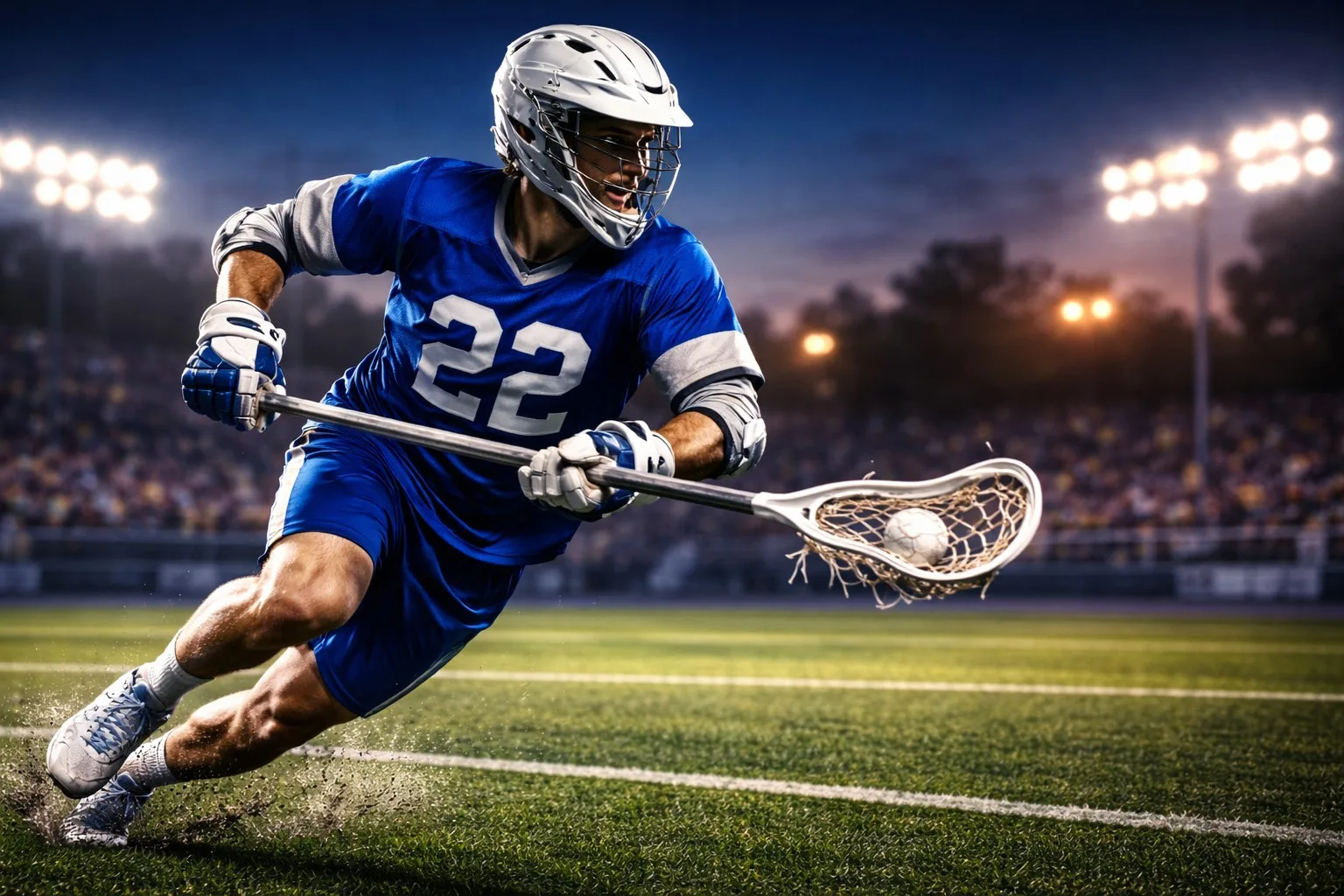 Lacrosse sixes player in blue #22 jersey cradling the ball in the stick-head on a floodlit Olympic pitch