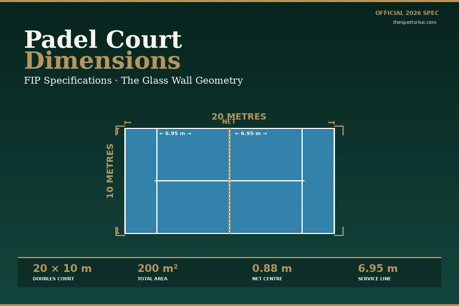 Top-down view of an FIP regulation padel court showing 20 by 10 metre dimensions, glass back walls, central net at 0.88 metres, service line at 6.95 metres, with line measurements labelled