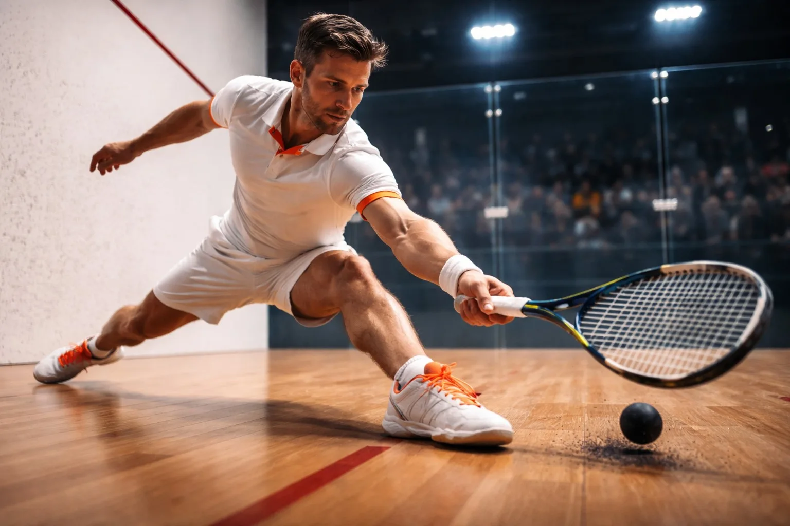 Squash player lunging for a forehand on a wooden show court, small black ball in mid-skid across the floor