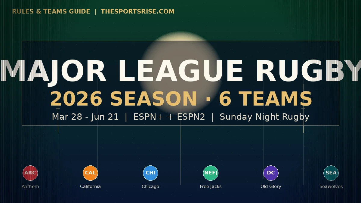 MLR 2026 season hero with rugby pitch silhouette, goalposts, and the six MLR franchise badges below the MAJOR LEAGUE RUGBY 2026 SEASON 6 TEAMS headline